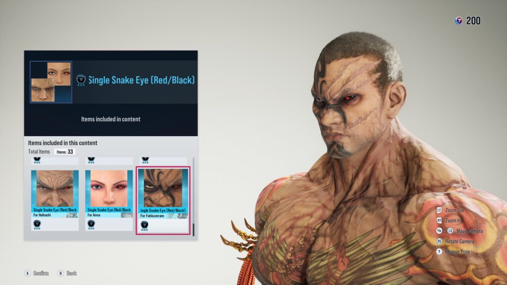 The screenshot from TEKKEN 8 shows an item from Fight Pass Round 7 - Single snake eye.