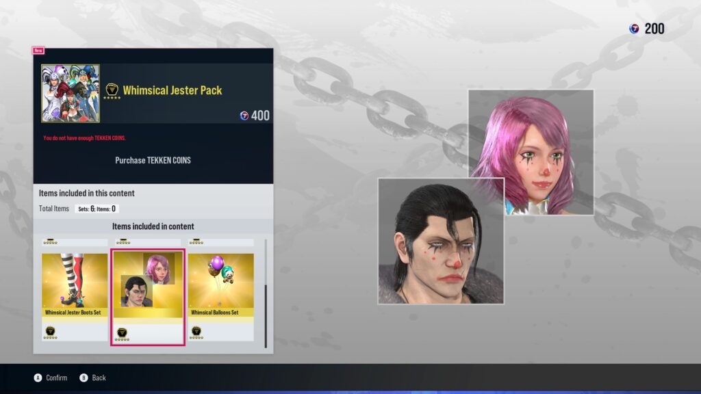 The TEKKEN 8 screenshot shows an item in the shop - Nose in Whimsical Jester pack.