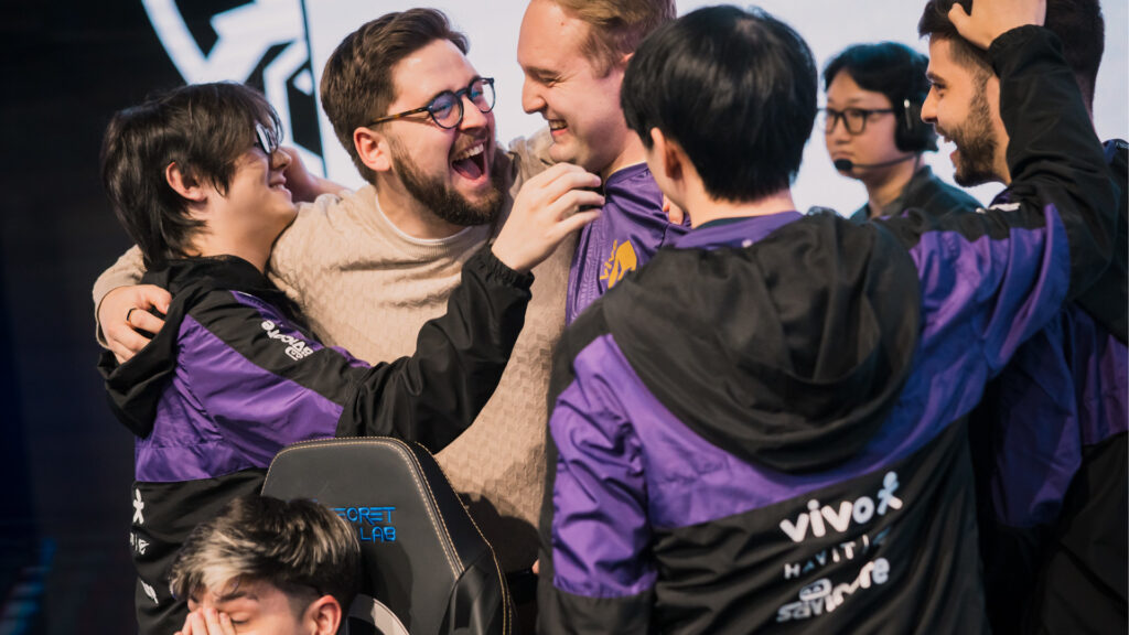 Vivo Keyd Stars celebrate after defeating PSG Talon at the LoL Worlds 2025