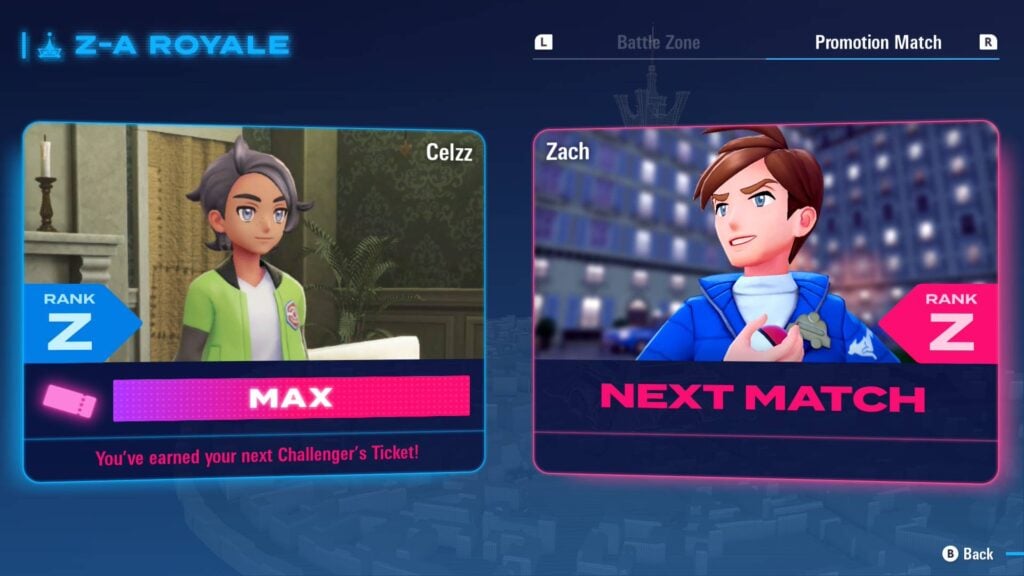 Z-A Royale app showing a promotion match opponent