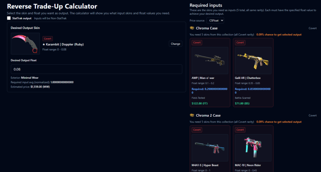 Using the trade-up calculator (Screenshot via esports.gg)