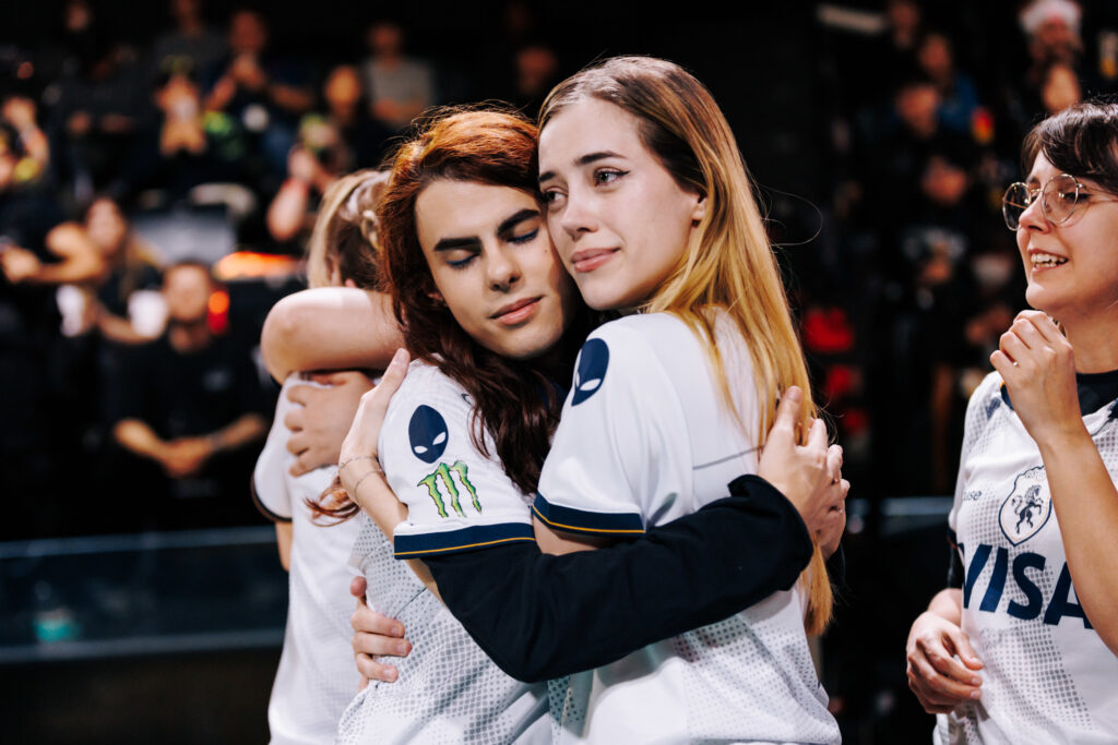 TL Jelly (L) and Joojina on-stage after their win at GCC 2025. (Photo by Christina Oh/Riot Games)