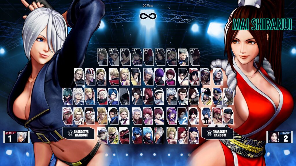 The screenshot from the fighting game The King of Fighters XV features two female characters: Mai and Angel on the KOF XV character selection screen.