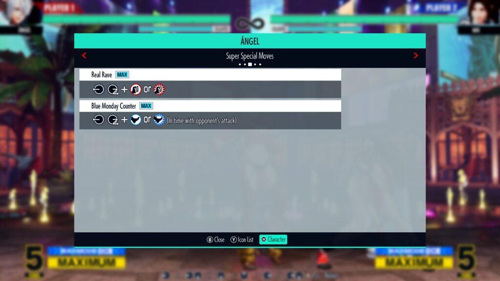 The moveset of Angel in The King of Fighters XV — a screenshot of the Super Moves section.