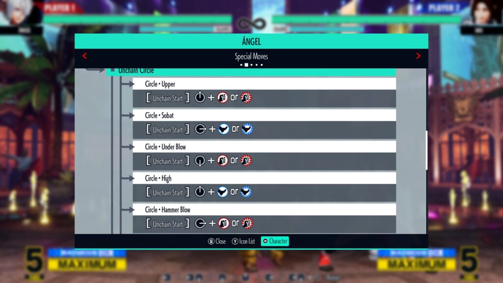 The move list of Ángel in The King of Fighters XV — a screenshot of the Special Moves section.