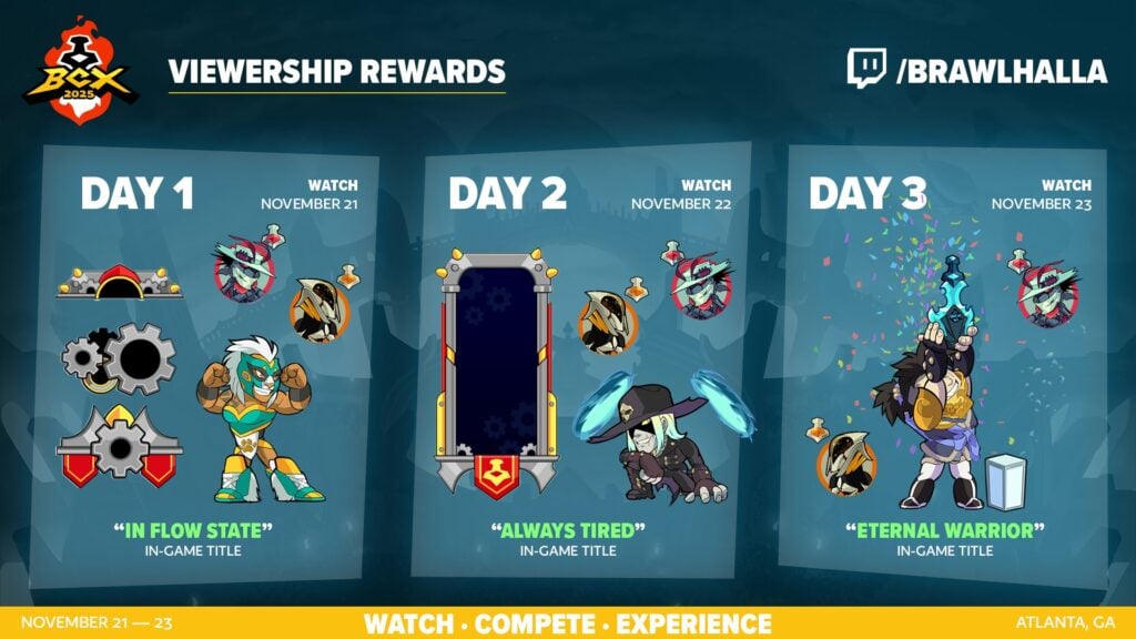 The image shows what rewards you can earn for free by watching the Brawlhalla World Championship 2025 on the official Twitch channel.