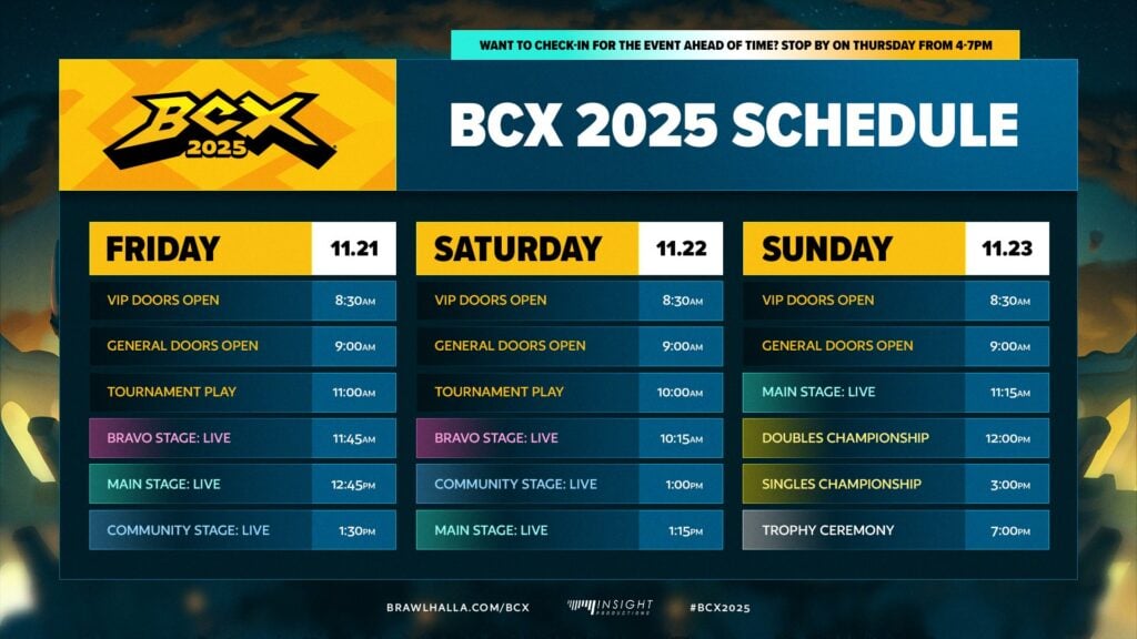 The image highlights the detailed schedule of the Brawlhalla esports tournament BCX 2025 - the World Championship.