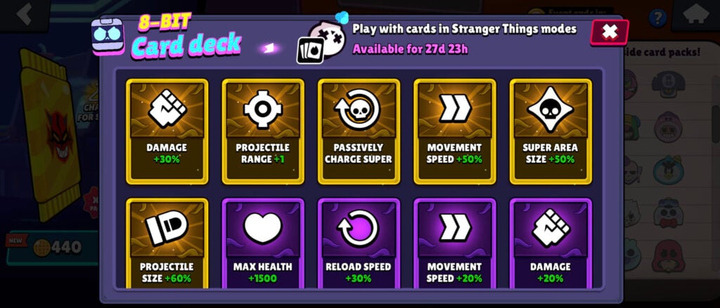 The Stranger Things Power Cards for the brawler 8-Bit in Brawl Stars — it’s a screenshot.