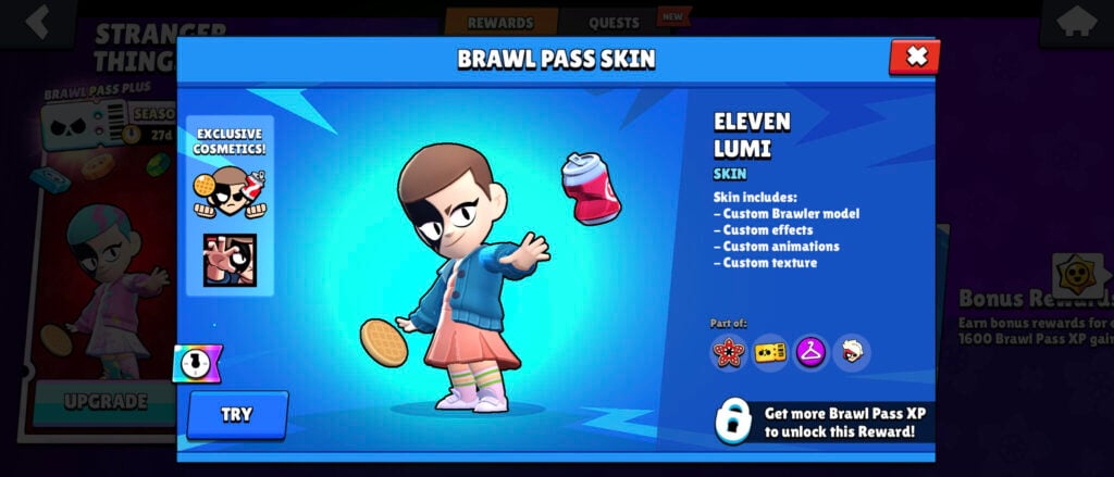 The skin of the Stranger Things character Eleven in Brawl Stars - for the brawler Lumi. It’s available as the main reward in the Brawl Pass Season.