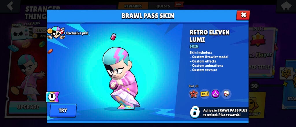 The Brawl Stars screenshot features the skin Retro Eleven Lumi — a Premium Plus reward during the Stranger Things Brawl Pass season.