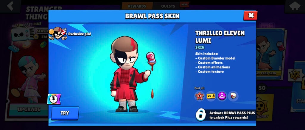 The Brawl Stars screenshot features the skin Thrilled Eleven Lumi — a Premium Plus reward during the Stranger Things Brawl Pass season