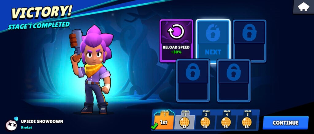 In the game Brawl Stars, after winning Stage 1 in the game mode Upside Down Showdown during the Stranger Things collaboration event — a screenshot.