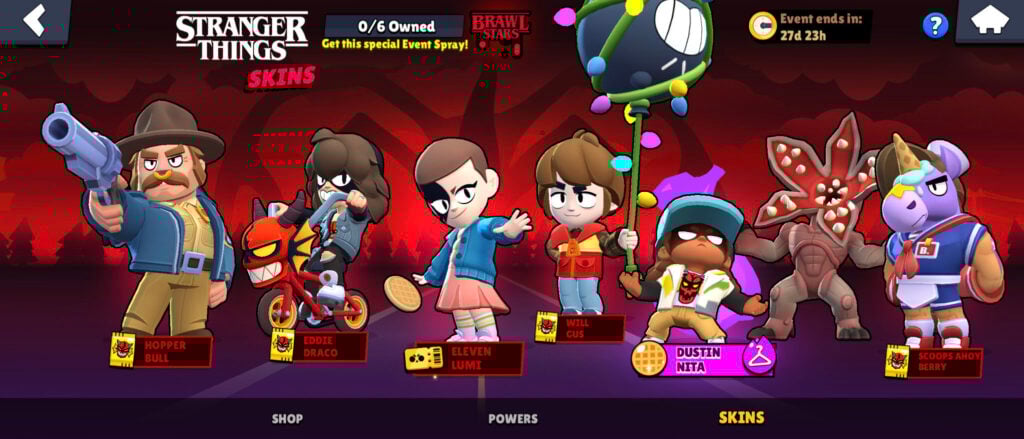 The image shows all the Stranger Things skins in the mobile game Brawl Stars.
