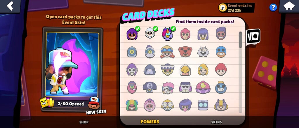 The screenshot shows the available Power Card decks for the Upside Down Showdown game mode in Brawl Stars during the Stranger Things event.