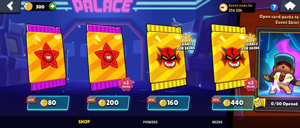 The Brawl Stars screenshot shows the Stranger Things card packs in the event shop.