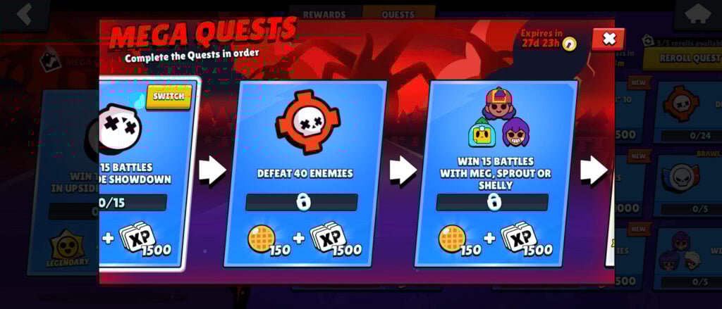 The screenshot from the mobile game Brawl Stars features Mega Quests with Stranger Things waffles as rewards.