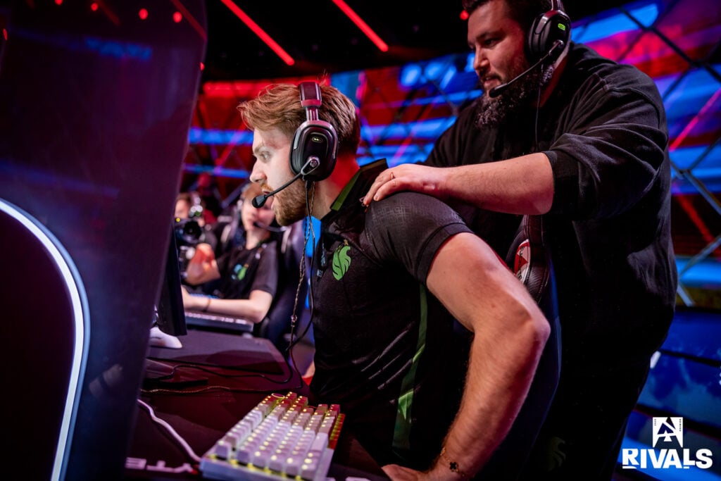 The photo features CS2 esports players from Team Falcons competing on the stage of BLAST Rivals Spring 2025.