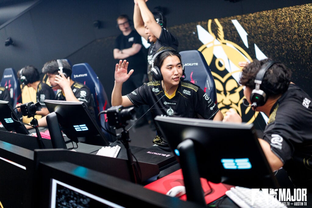 The photo features CS2 esports players from the team The MongolZ competing in the grand final at BLAST.tv Austin Major 2025.