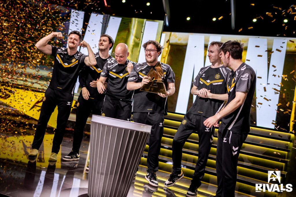 The photo features CS2 esports players from Team Vitality on the stage of BLAST Rivals Spring 2025 after winning this Counter-Strike 2 tournament.