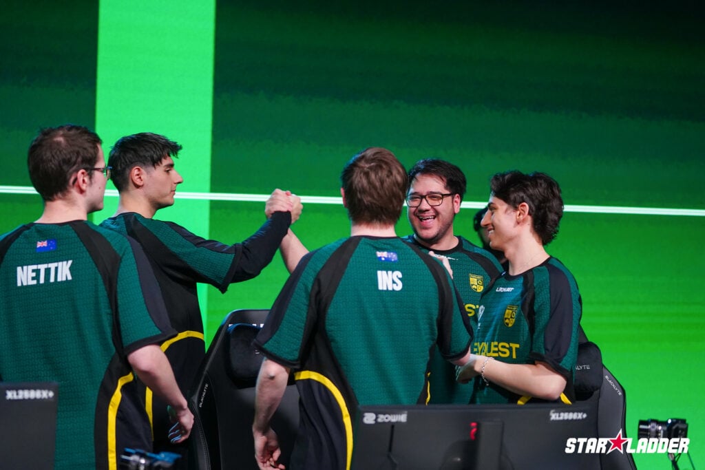The photo from the CS2 StarLadder Budapest Major 2025 features players from the team FlyQuest on Day 1 of the competition.