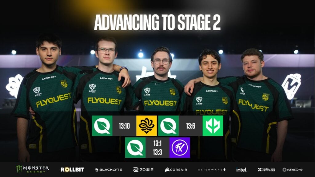 The image features photos of the CS2 FlyQuest players and their results in Stage 1 of Budapest Major.