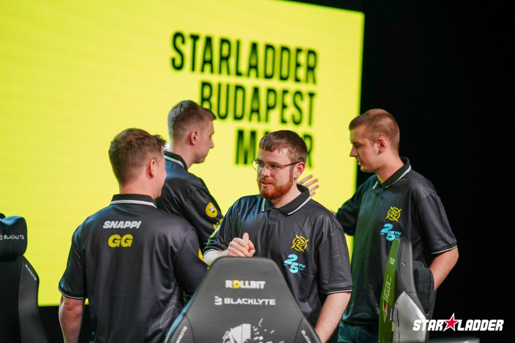The photo features the Counter-Strike 2 players from the team Ninjas in Pyjamas at the esports tournament CS2 StarLadder Budapest Major 2025.
