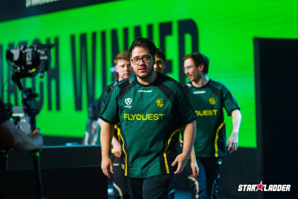 The photo features Counter-Strike players from the team FlyQuest after winning a match at the CS2 esports StarLadder Budapest Major 2025 in Stage 1.