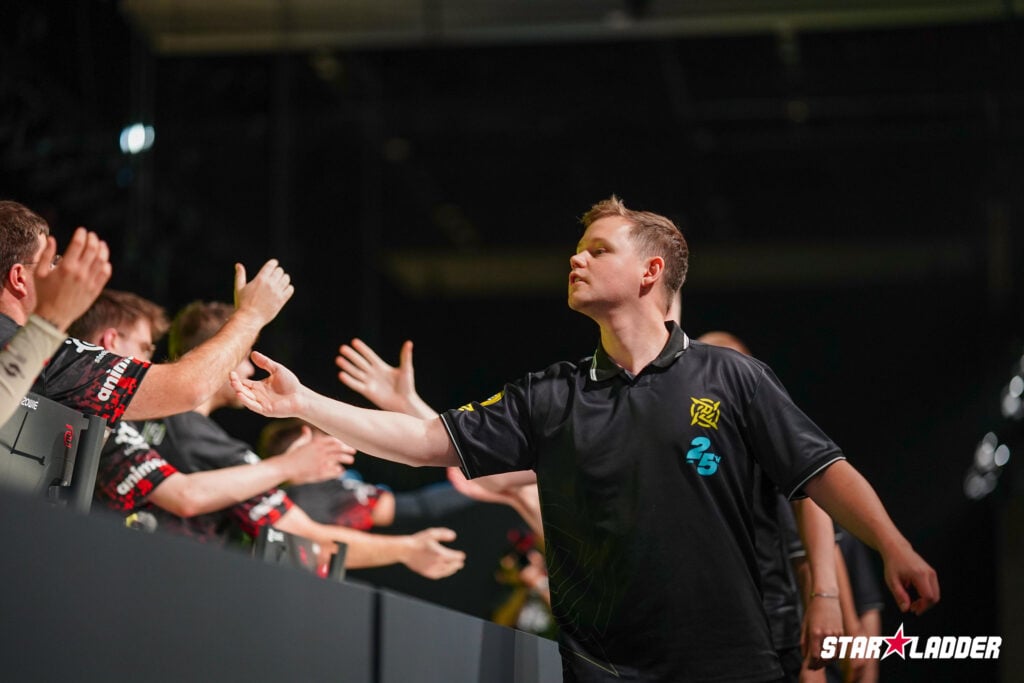 The photo features FaZe and NiP players greeting each other after a Stage 1 match at the CS2 esports StarLadder Budapest Major 2025.