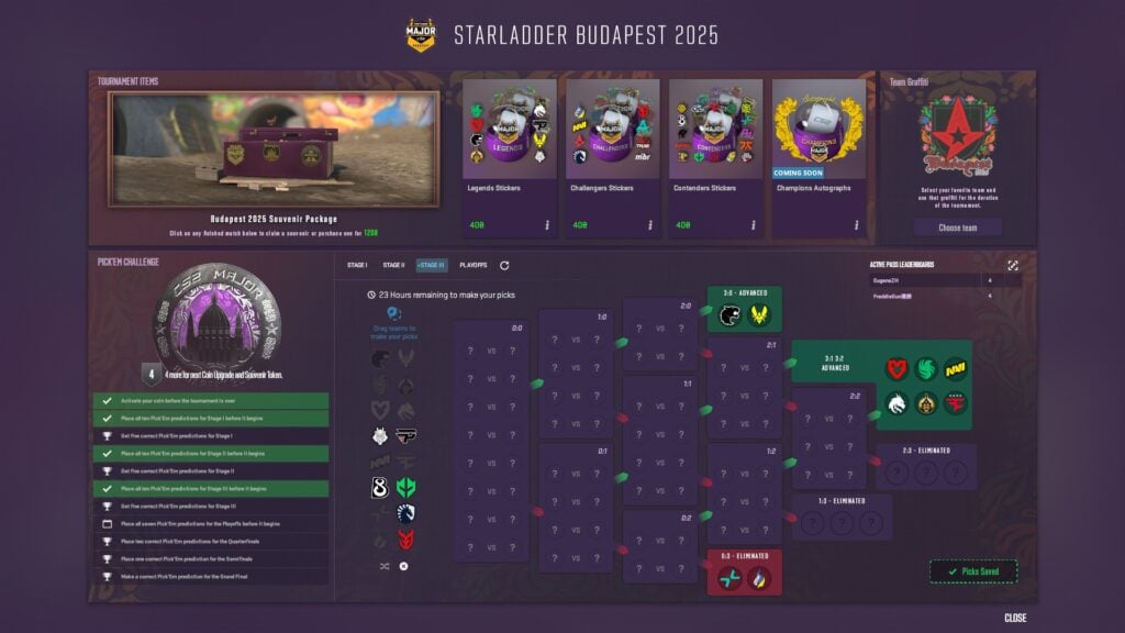 The image highlights an example of Pick’Ems predictions for CS2 Budapest Major 2025 - for Stage 1.