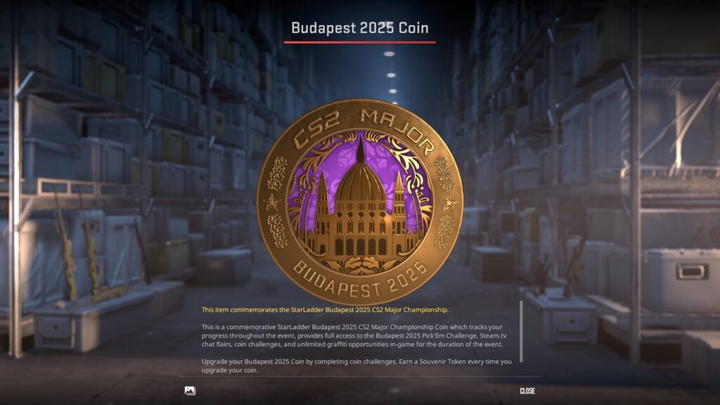 The image features the CS2 Budapest Major Event Coin - the starting Bronze version.