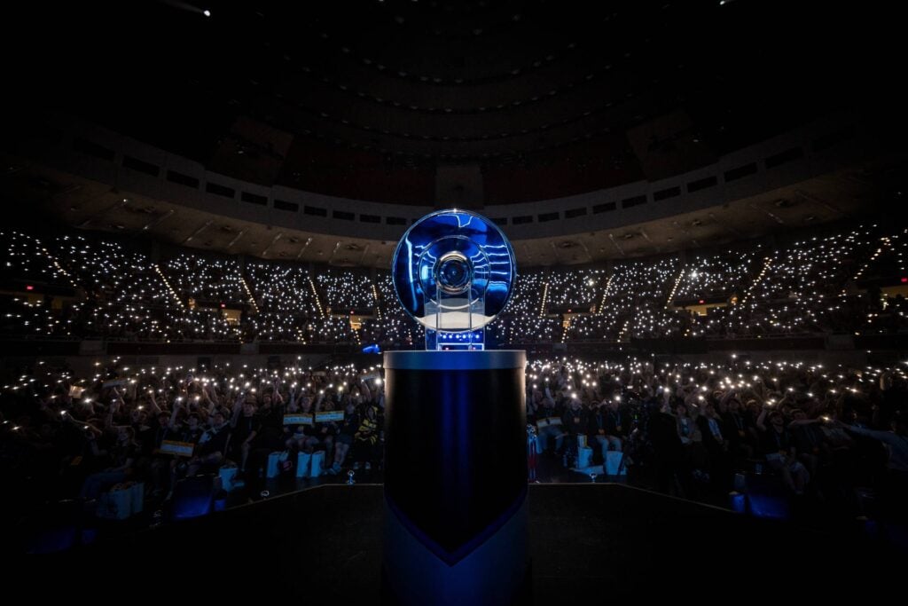 The photo features the full arena during the Counter-Strike 2 esports tournament IEM Dallas 2025.