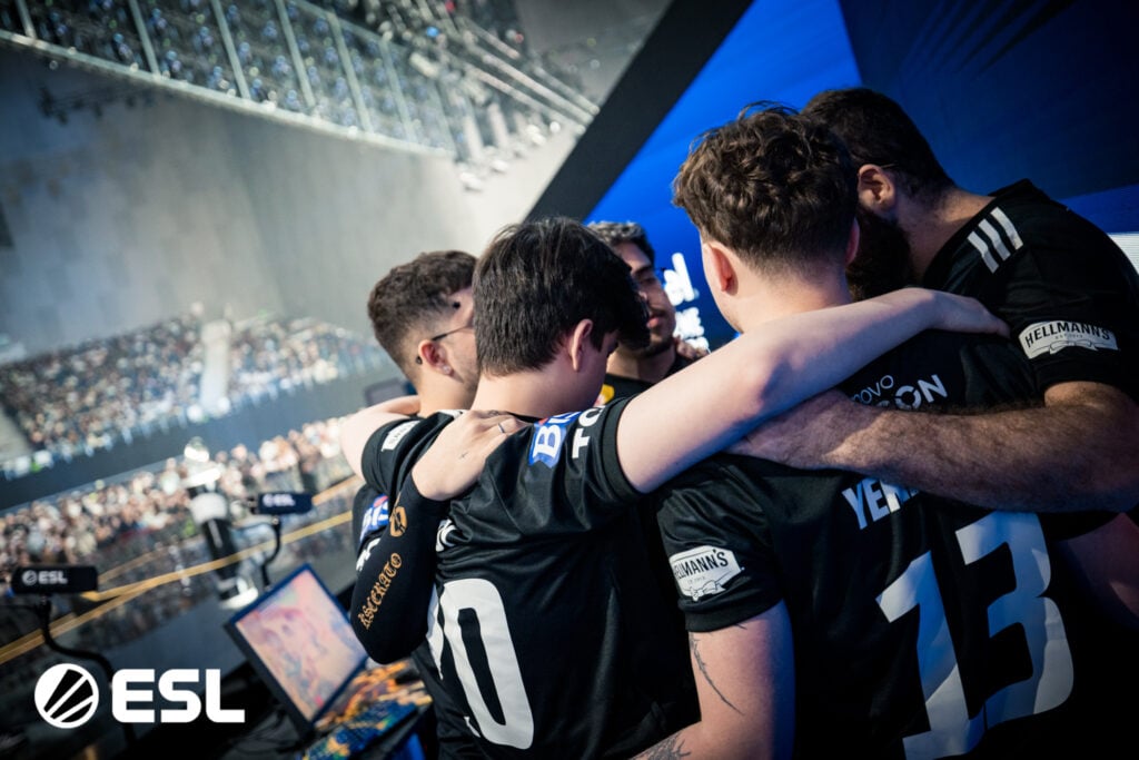 CS2 FURIA players at the stage of IEM Chengdu 2025 during their semifinal versus Team Falcons - a photo.