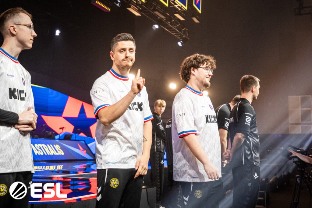 It's a photo of the CS2 esports teams Vitality and Astralis on the stage of the tournament IEM Chengdu 2025 — before their quarterfinal match.