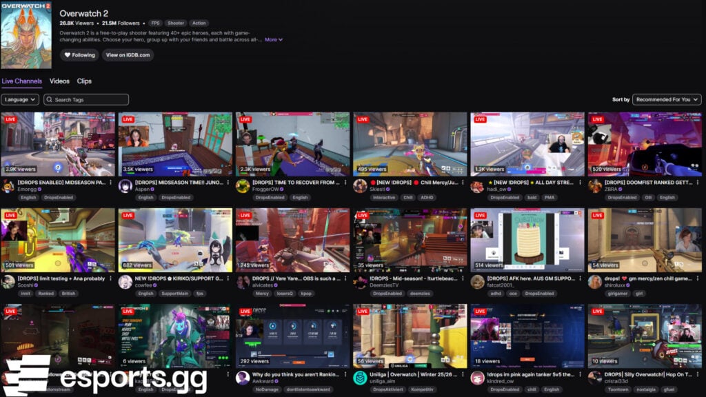 Twitch's Overwatch 2 category with drops enabled