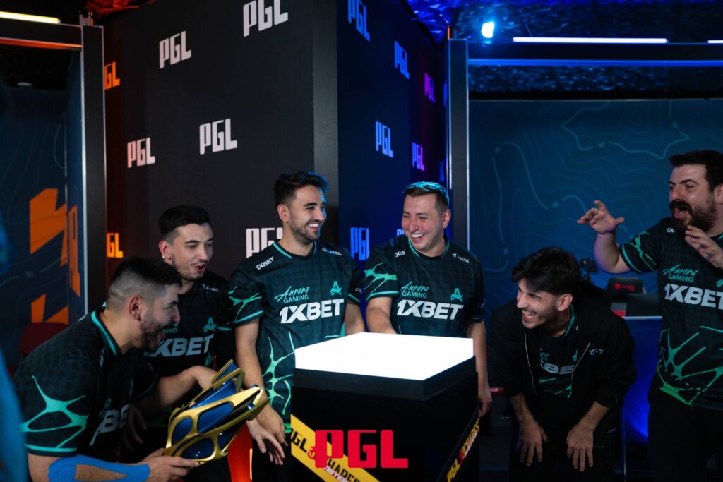 It’s a photo of the CS2 team Aurora Gaming with the esports trophy at PGL Masters Bucharest 2025.