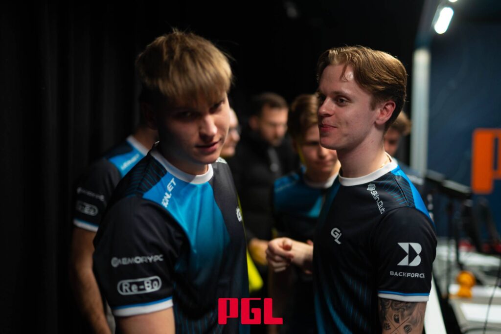 The photo features Counter-Strike 2 esports players from the team GamerLegion at the CS2 tournament PGL Masters Bucharest 2025.