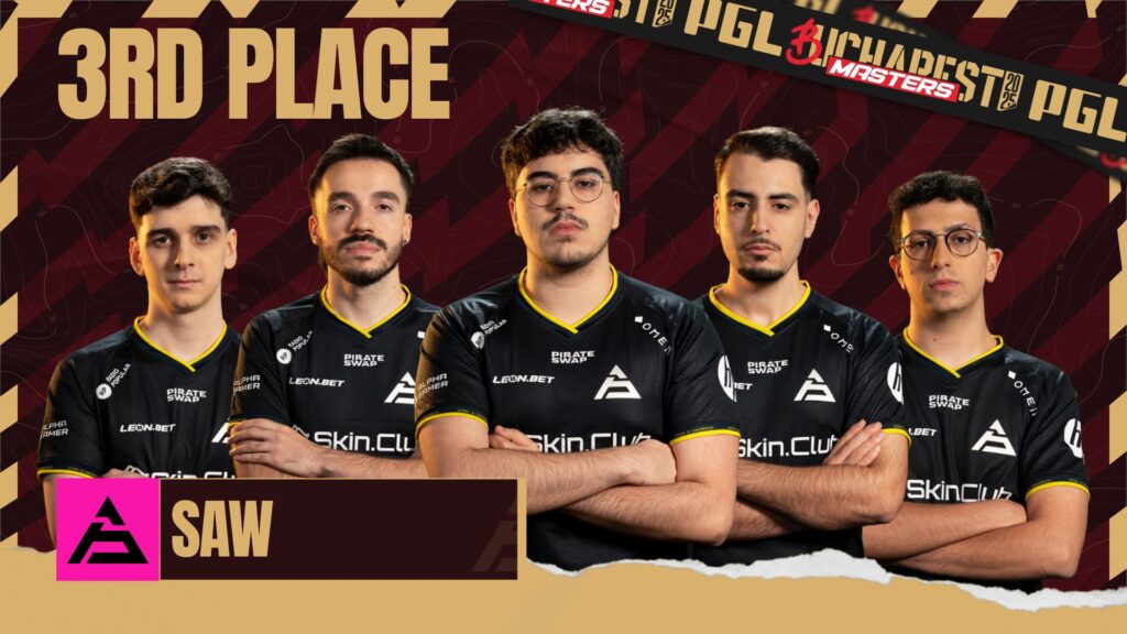It's a poster for the CS2 esports team SAW finishing 3rd at the tournament PGL Masters Bucharest 2025.