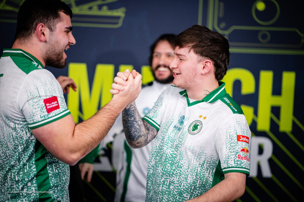 It’s a photo of the Rainbow Six Siege esports players from Team Falcons at the tournament R6 Munich Major 2025. 