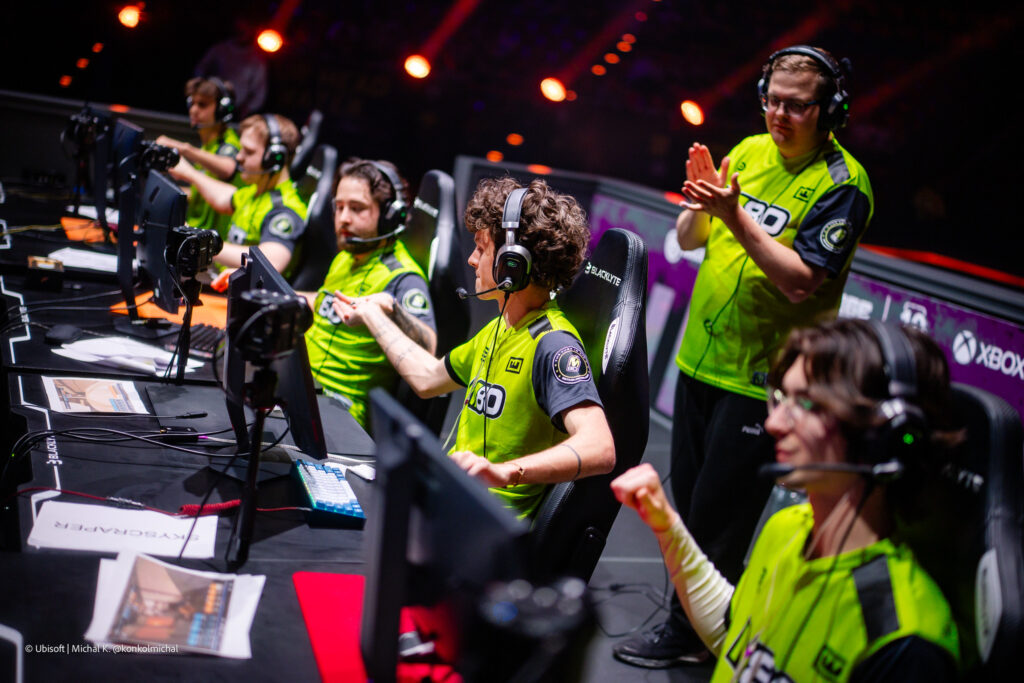 The photo features the Rainbow Six Siege X esports team M80 at the Major 2025 tournament in Munich.