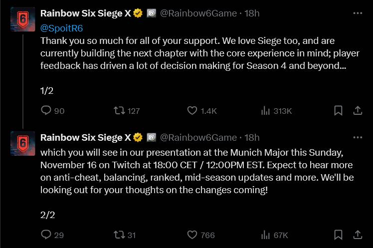 It’s a screenshot from the official X account of the game Rainbow Siege X. It shows the developers’ response to the community’s document “Save Siege”.