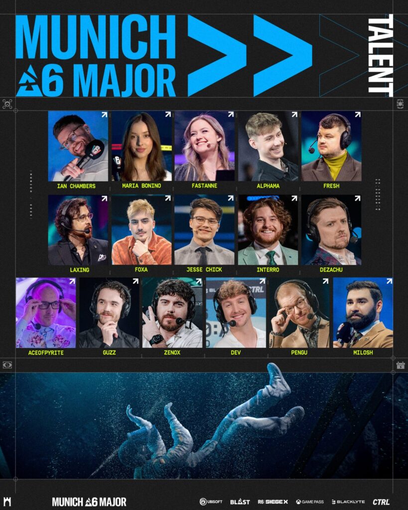 The image lists the broadcast talent at the Rainbow Six Siege X esports tournament Munich Major 2025.