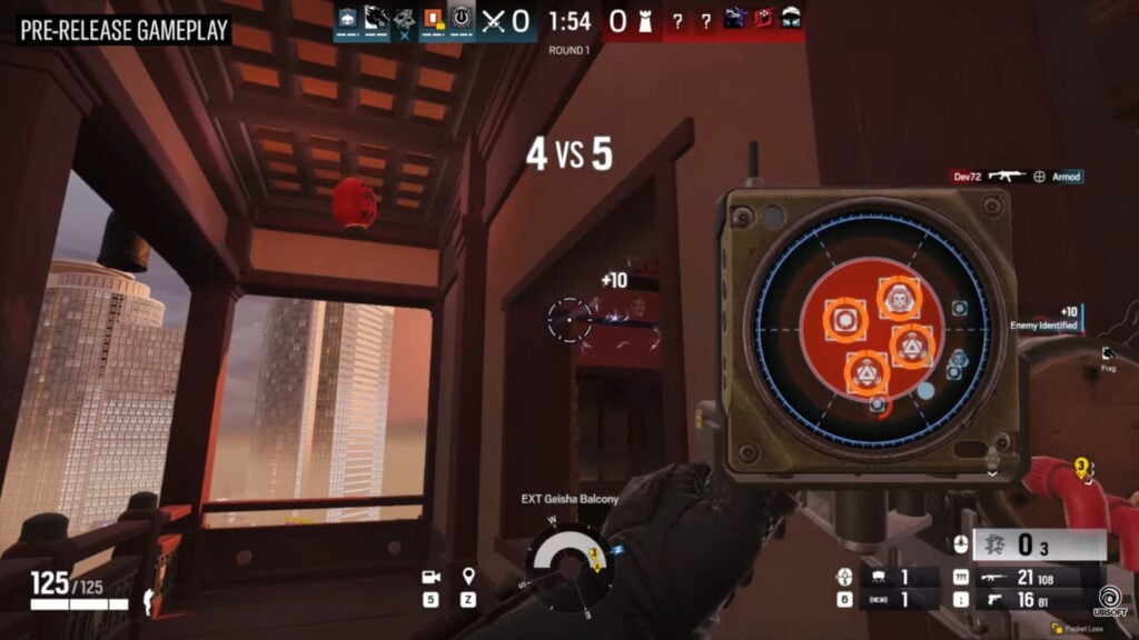 The image is a screenshot from the official Rainbow Six Siege X trailer about the remastered version of the Operator Thatcher - it shows the use of a new device, EGS Disruptor.