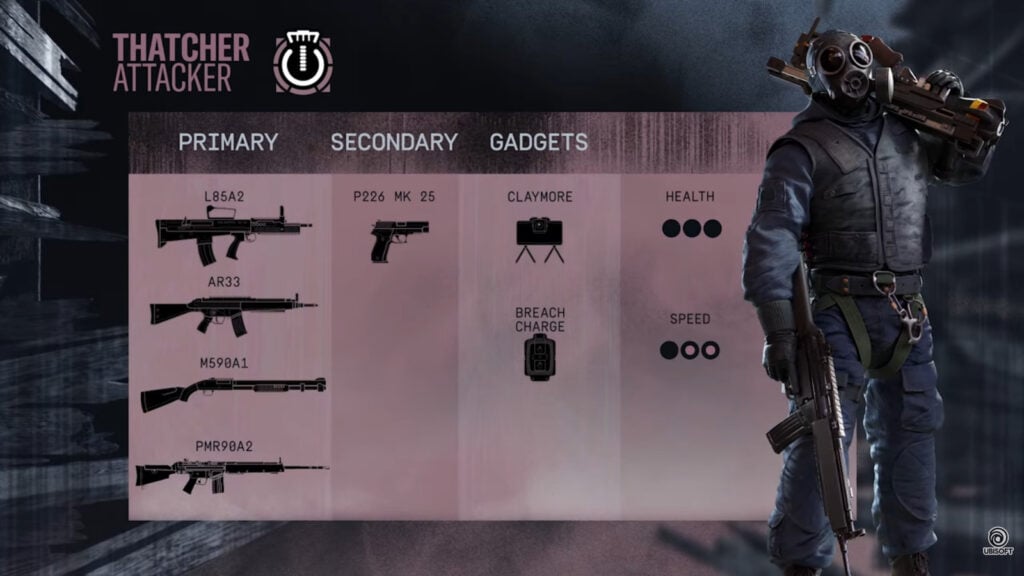 The image is a screenshot from the official Rainbow Six Siege X trailer about the remastered version of the Operator Thatcher - it features his key details, like weapons, speed, and gadgets.