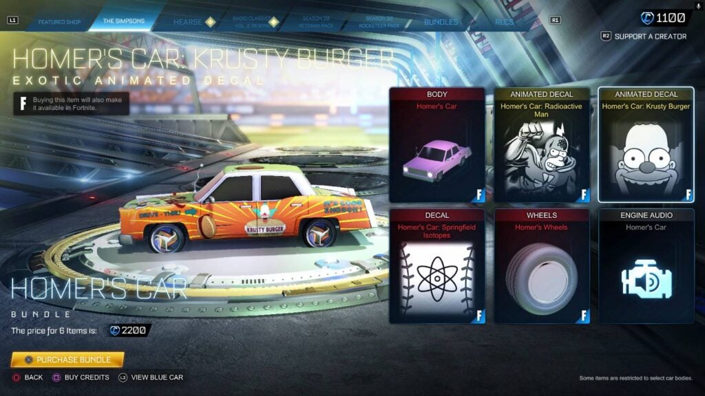 It’s a screenshot from the Rocket League item shop: Homer’s car with the Krusty Burger decal as part of The Simpsons bundle.