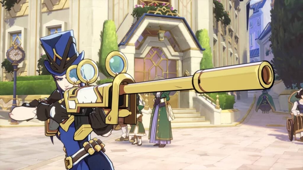 The image is a screenshot from a 2XKO console reveal trailer. It shows the look of LoL Caitlyn as the next character joining the fighting games by Riot.