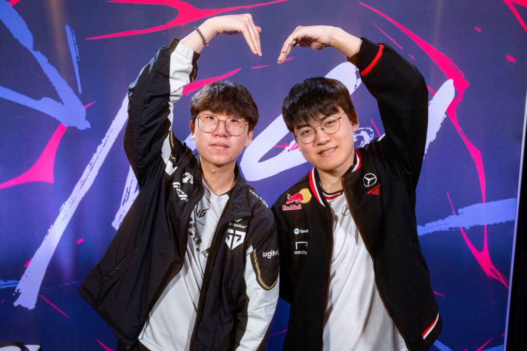 GEN Ruler (L) and T1 Gumayusi. (Photo by Colin Young-Wolff/Riot Games)