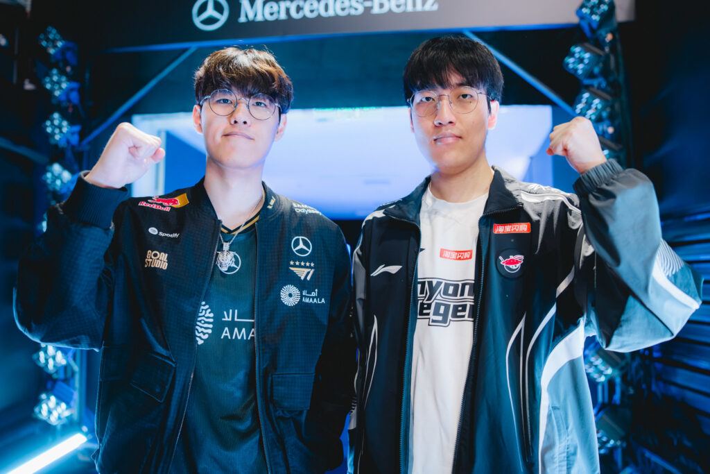 T1 Oner (L) and AL Tarzan. (Photo by Colin Young-Wolff/Riot Games)