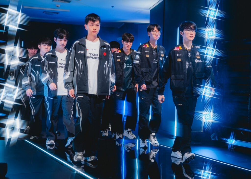 TES and T1 at the Worlds 2025 semis. (Photo by Colin Young-Wolff/Riot Games)