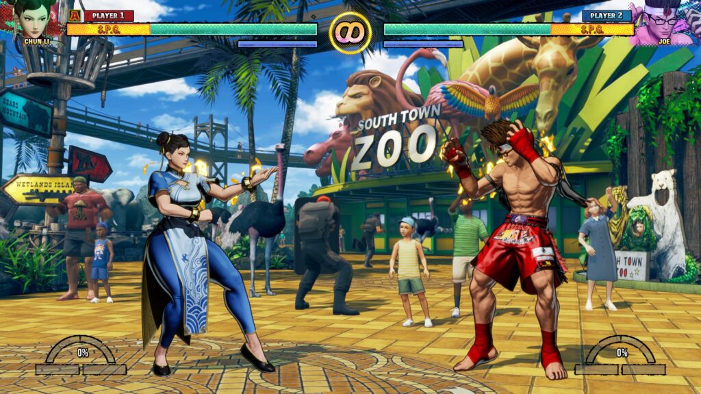 It’s a screenshot from a training mode in the fighting game FATAL FURY: City of the Wolves — Chun-Li versus Joe Higashi.