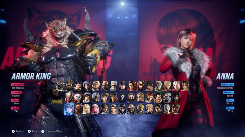 It’s a screenshot from the pre-match scene: Armor King versus Anna Williams in TEKKEN 8.